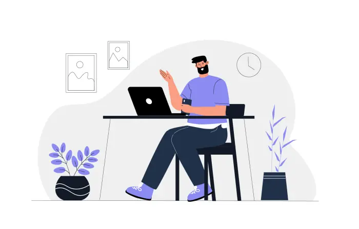 Remote Working Man at Desk with Laptop 2D Character Illustration